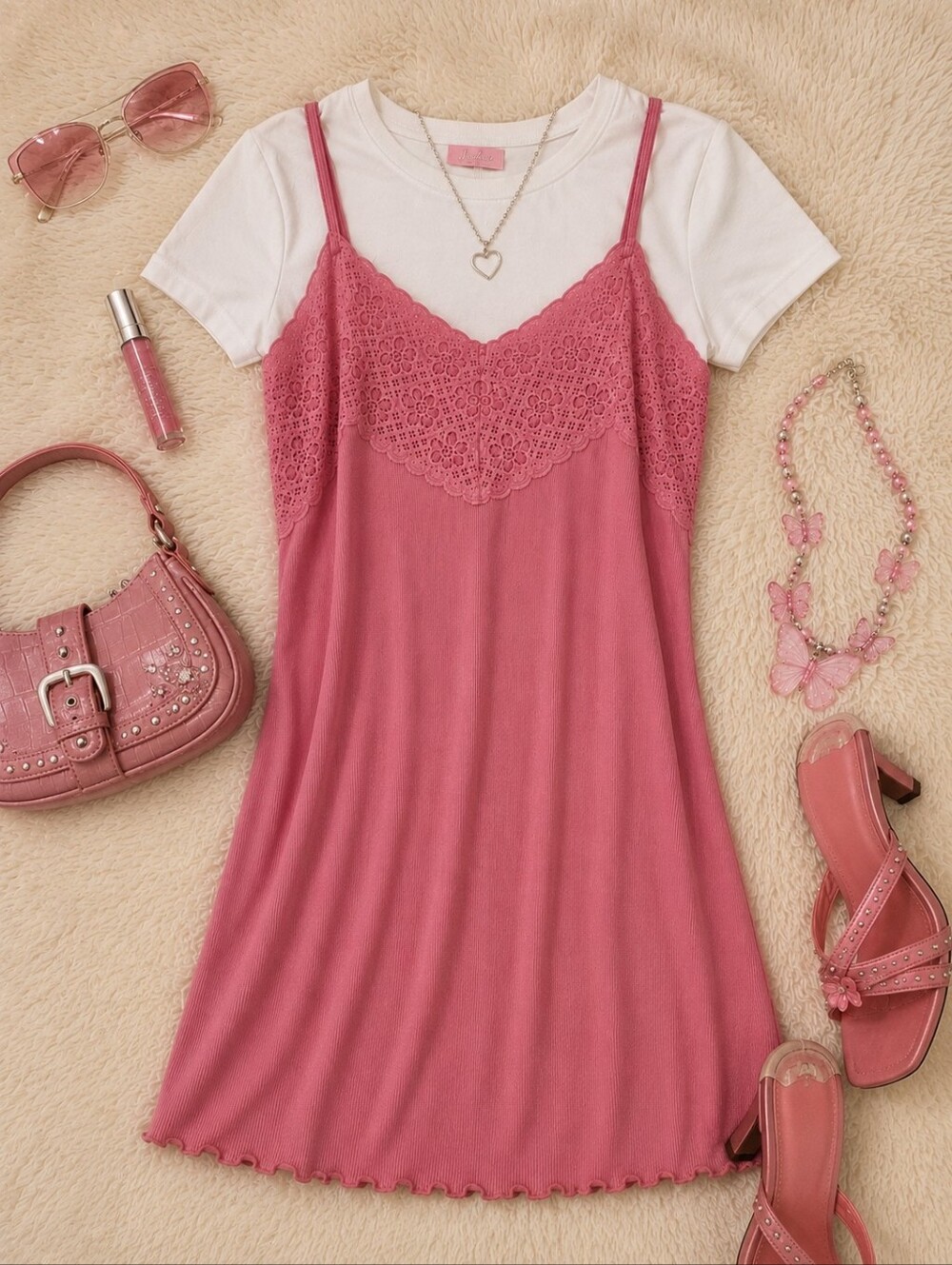 Vintage Jessica Lace Slip Dress Y2K Pink Mini Camisole Dress